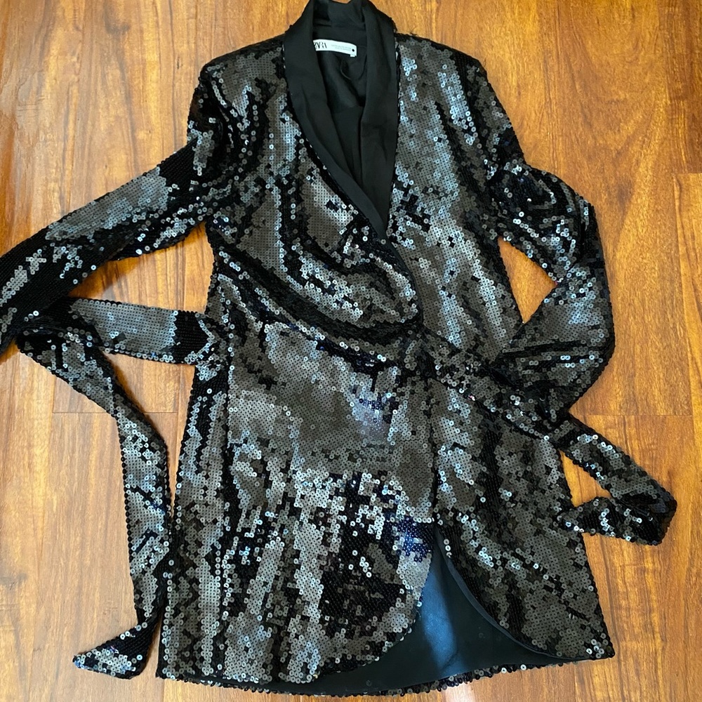 Black Sequin Wrap Tuxedo Dress